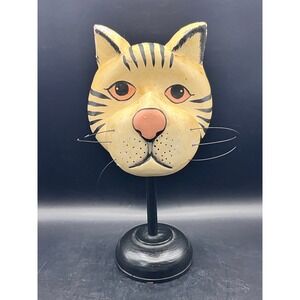 Vtg Painted Wood‎ Cat Sculpture Stand Folk Art Decor 9.5" Wire Whiskers As Is